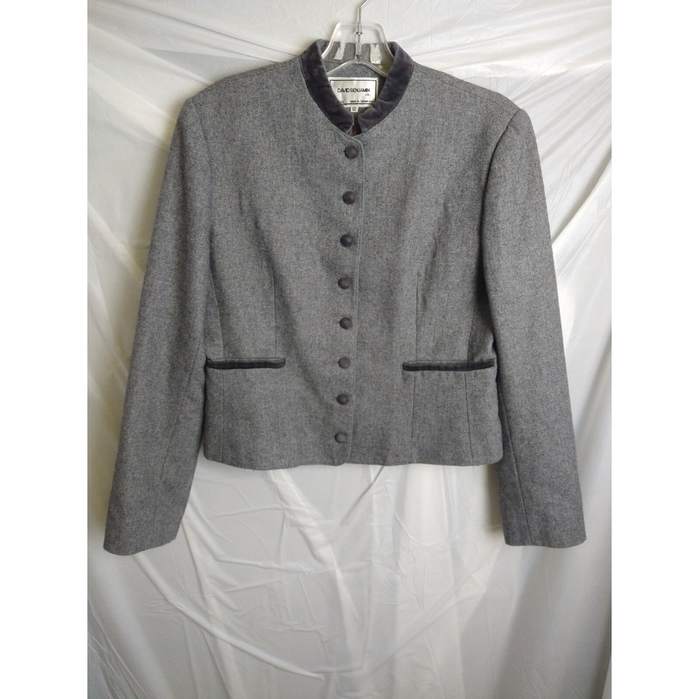 David Benjamin Gray Blazer jacket Womens 12 Velvet Trim Career Pockets Vintage